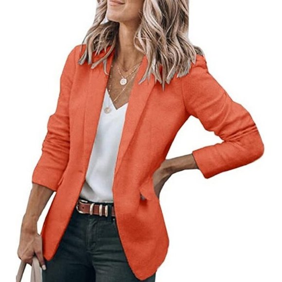 𝅺womens Casual Blazers Open Front Long Sleeve Work Office Orange - Picture 1 of 5